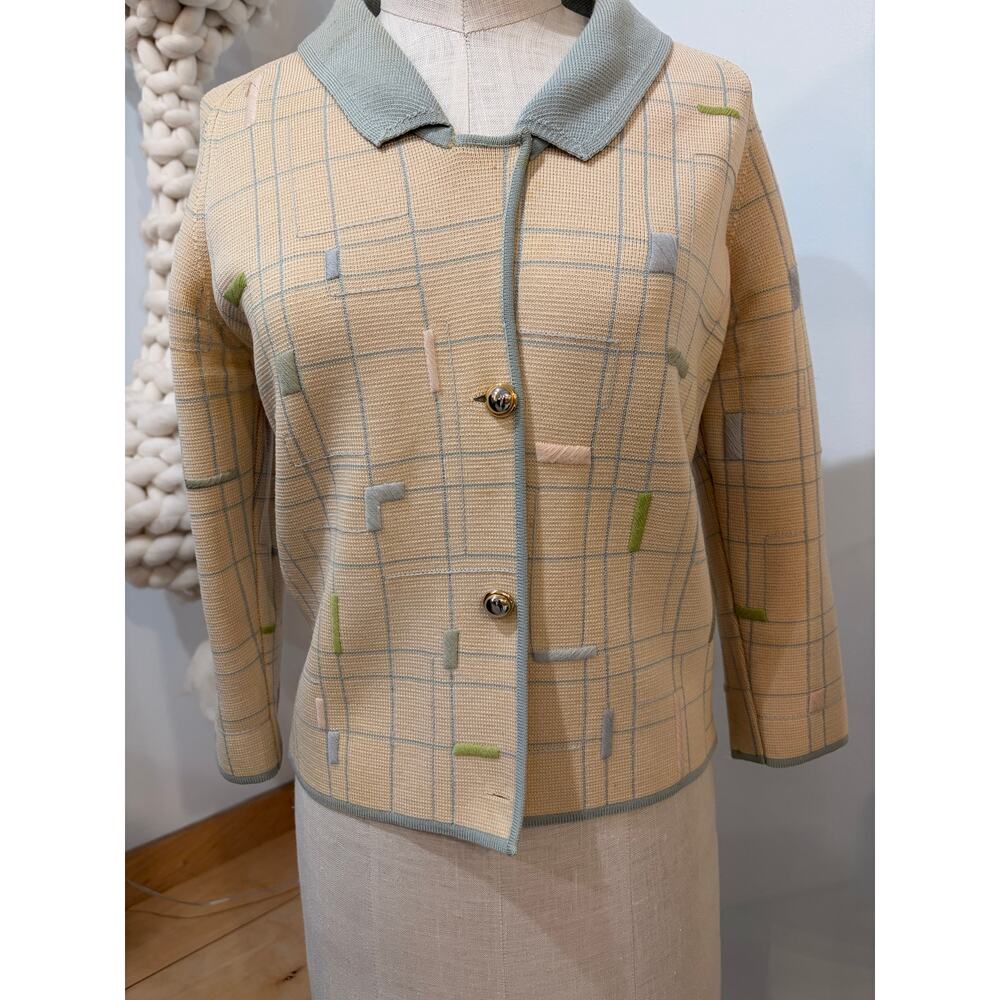 Vintage I. Magnin & Co Tan Wool Knit Jacket Colorblock Detail Made in Italy